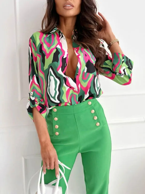 70's Inspired Print Long Sleeve Collared Shirts