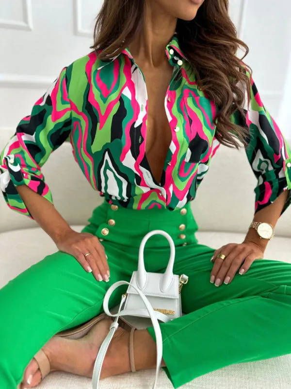 70's Inspired Print Long Sleeve Collared Shirts
