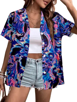 80s 90s Outfit Shirt Women Retro Theme Party Button Up Shirts Neon Disco Tshirt Hawaiian Beach Short Sleeve Blouse Top