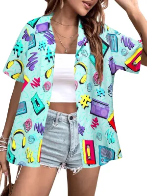 80s 90s Outfits for Women Retro Theme Party Disco Shirt 80s Hawaiian Shirt Neon Button Down Short Sleeve Blouse Tops