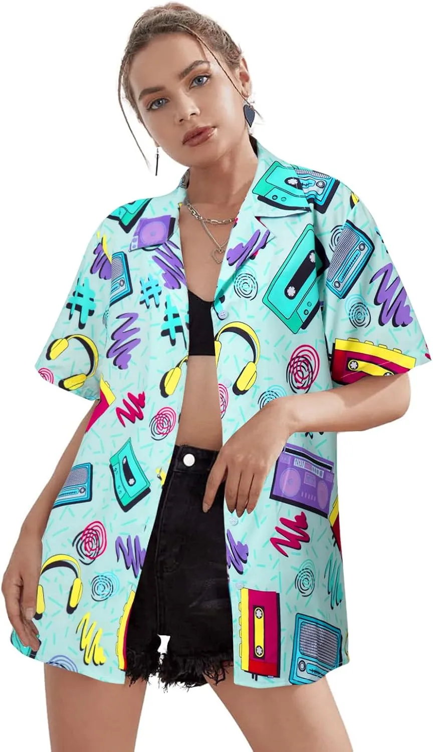 80s 90s Outfits for Women Retro Theme Party Disco Shirt 80s Hawaiian Shirt Neon Button Down Short Sleeve Blouse Tops