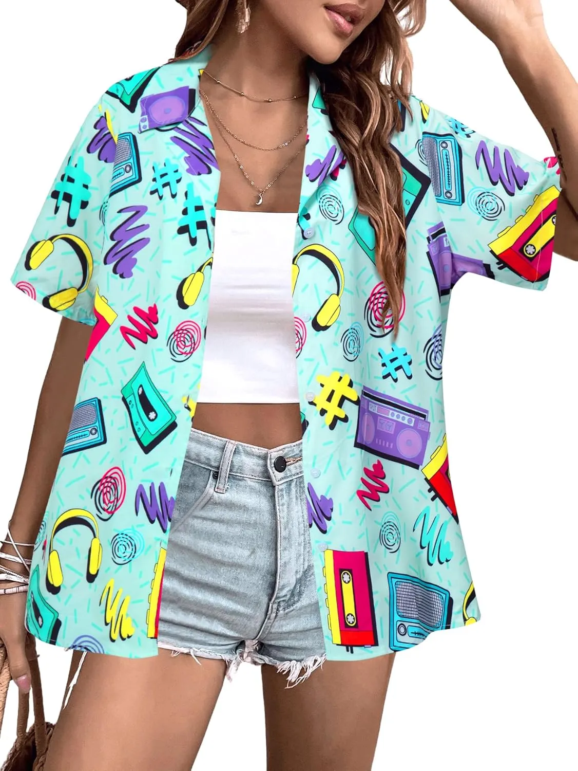 80s 90s Outfits for Women Retro Theme Party Disco Shirt 80s Hawaiian Shirt Neon Button Down Short Sleeve Blouse Tops