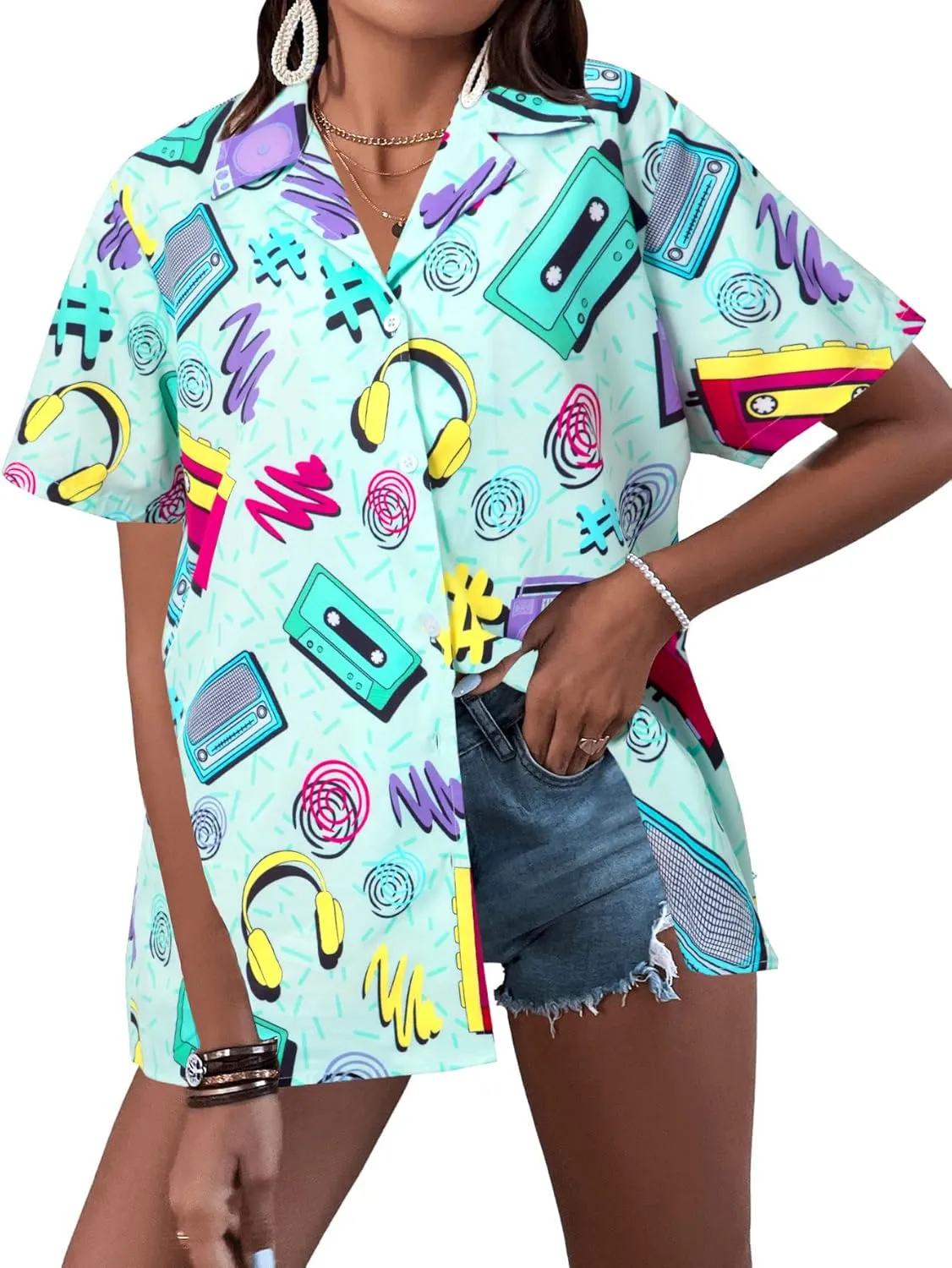 80s 90s Outfits for Women Retro Theme Party Disco Shirt 80s Hawaiian Shirt Neon Button Down Short Sleeve Blouse Tops