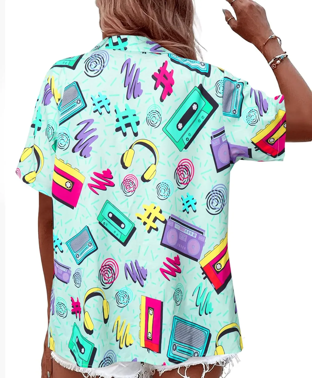 80s 90s Outfits for Women Retro Theme Party Disco Shirt 80s Hawaiian Shirt Neon Button Down Short Sleeve Blouse Tops
