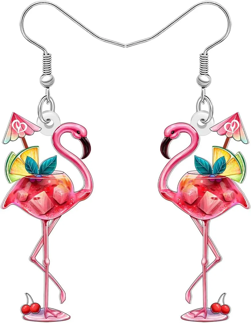 Acrylic Hot Pink Cute Flamingo Earrings Tropical Birds Animals Novelty Dangle Jewelry For Women Bird Lovers Hawaiian Charms Gifts