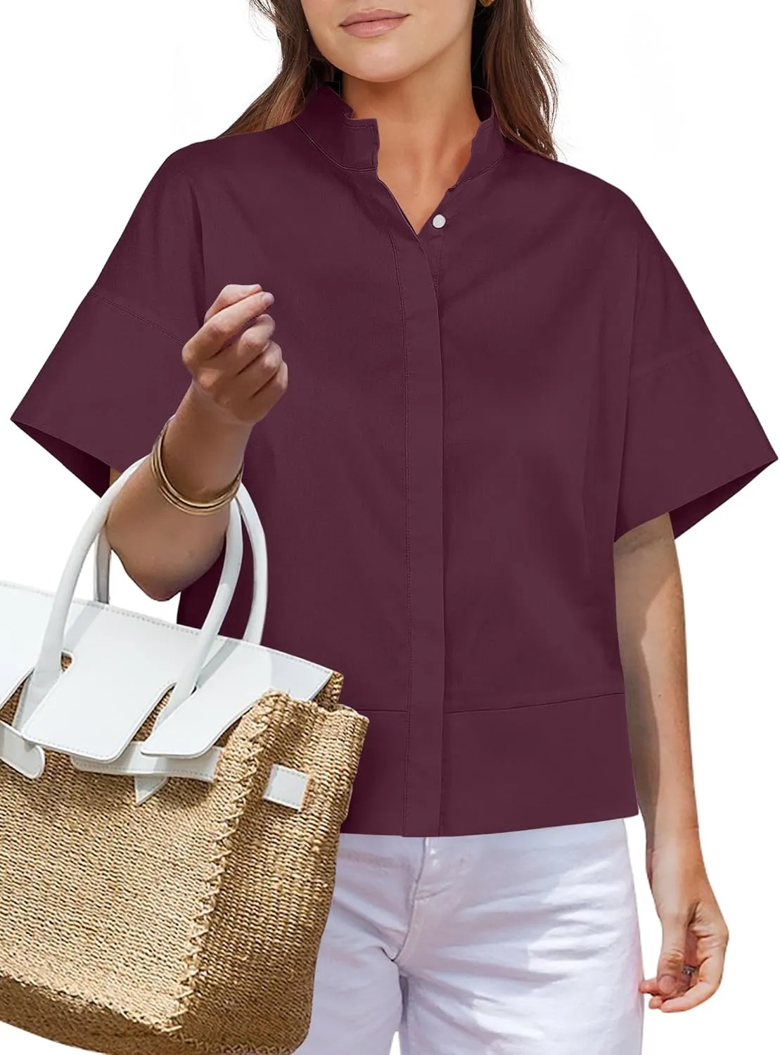 ANRABESS Women Short Sleeve Button Down Cropped Shirts Oversized Boxy Loose Fit Dressy Business Casual Office Work Top Blouse