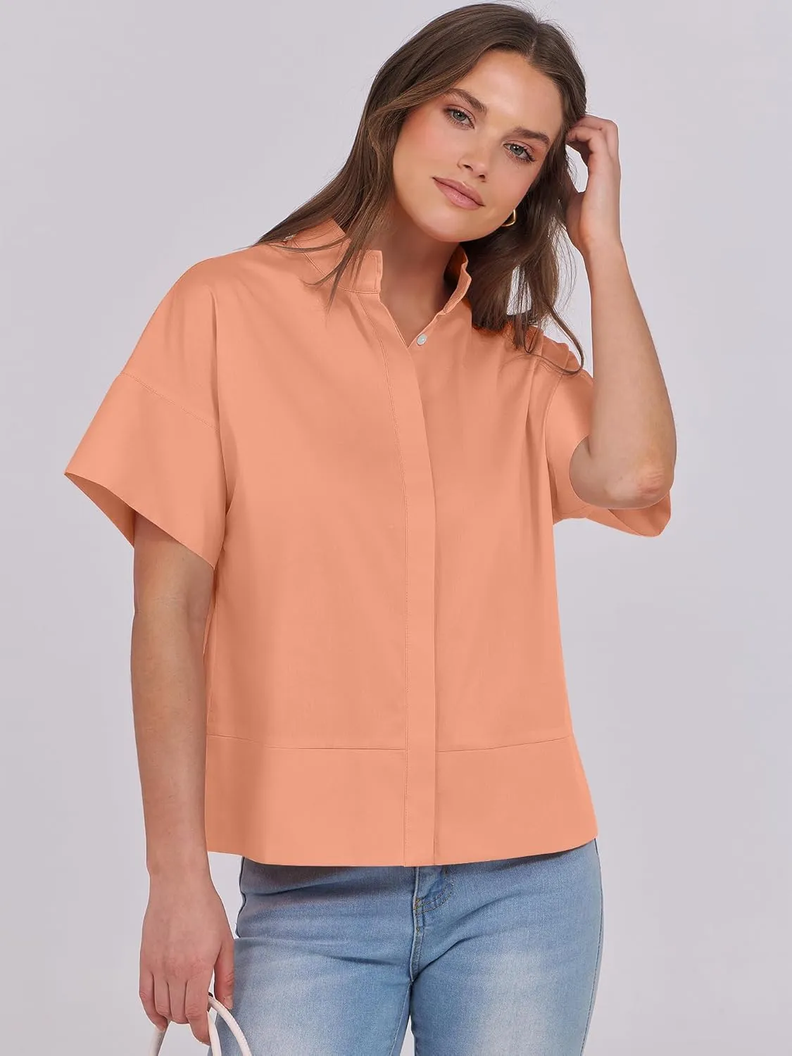 ANRABESS Women Short Sleeve Button Down Cropped Shirts Oversized Boxy Loose Fit Dressy Business Casual Office Work Top Blouse