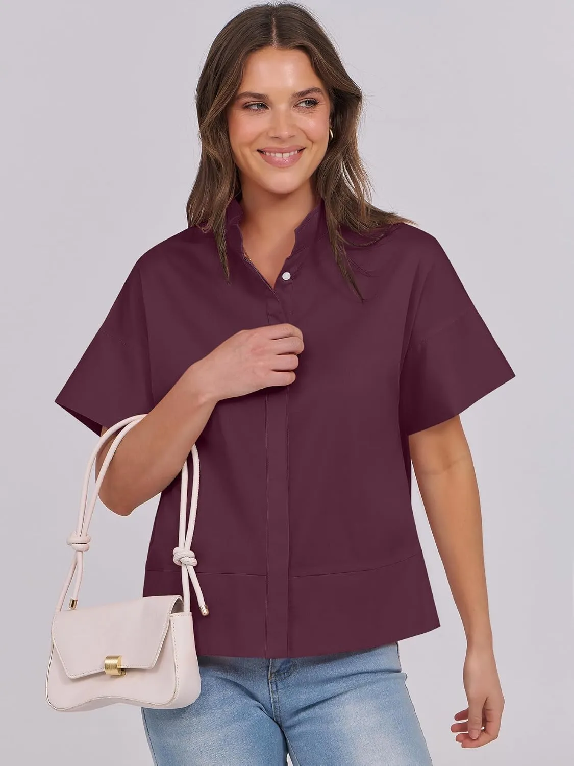 ANRABESS Women Short Sleeve Button Down Cropped Shirts Oversized Boxy Loose Fit Dressy Business Casual Office Work Top Blouse