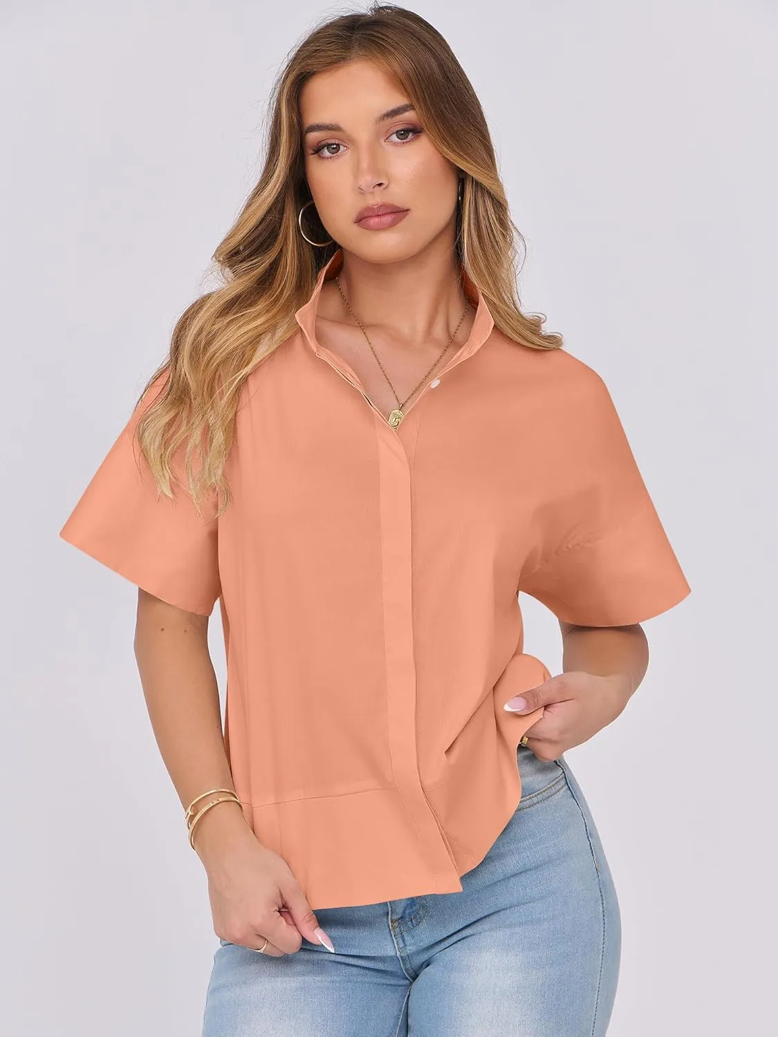 ANRABESS Women Short Sleeve Button Down Cropped Shirts Oversized Boxy Loose Fit Dressy Business Casual Office Work Top Blouse