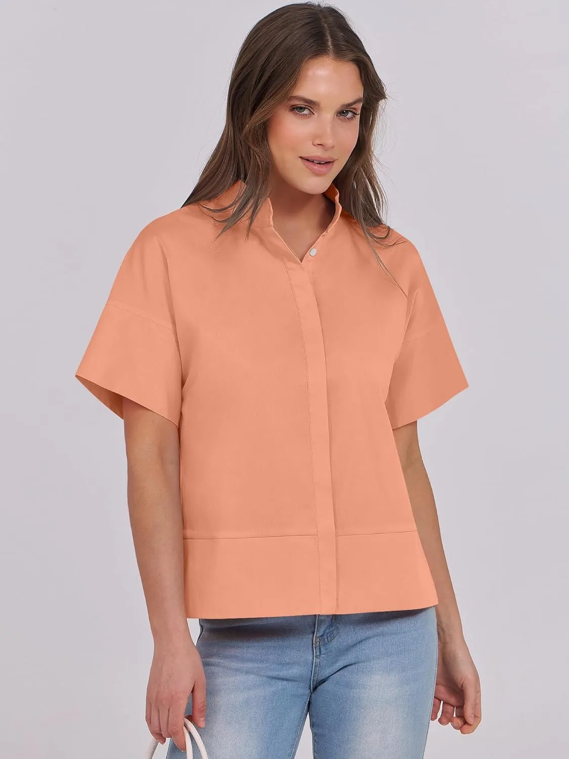 ANRABESS Women Short Sleeve Button Down Cropped Shirts Oversized Boxy Loose Fit Dressy Business Casual Office Work Top Blouse