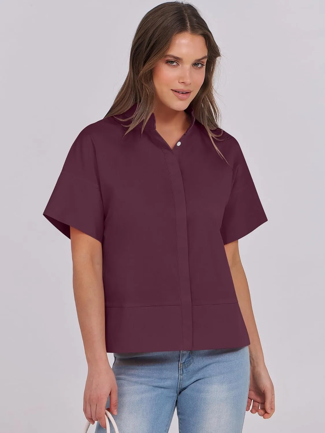 ANRABESS Women Short Sleeve Button Down Cropped Shirts Oversized Boxy Loose Fit Dressy Business Casual Office Work Top Blouse