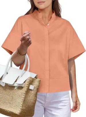 ANRABESS Women Short Sleeve Button Down Cropped Shirts Oversized Boxy Loose Fit Dressy Business Casual Office Work Top Blouse