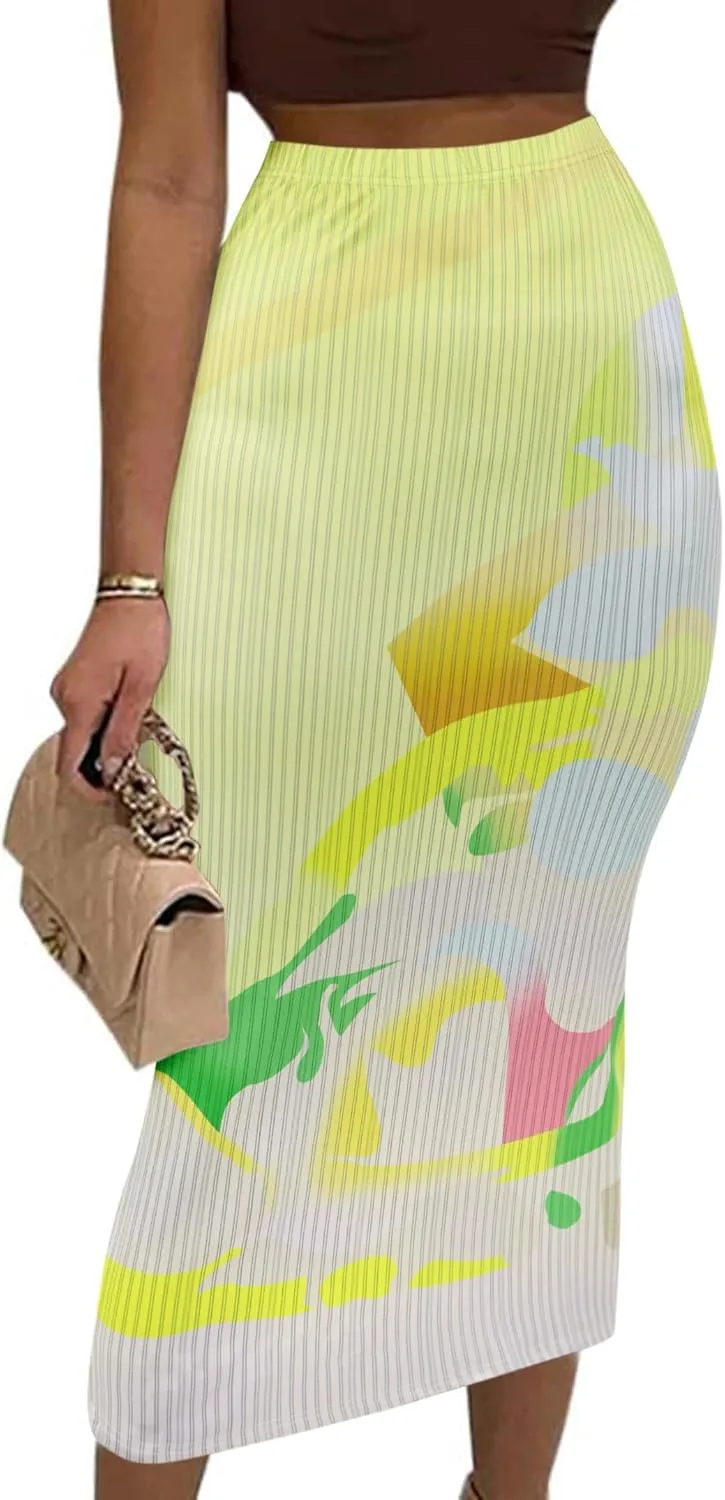 Avanova Women Floral Print Pencil Midi Skirt High Waisted Tight Bodycon Skirts