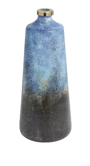 BLUE GLASS ABSTRACT GALAXY INSPIRED VASE WITH GOLD TOP, 7" X 7" X 17"
