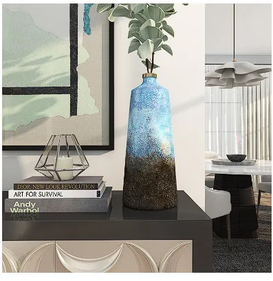 BLUE GLASS ABSTRACT GALAXY INSPIRED VASE WITH GOLD TOP, 7" X 7" X 17"