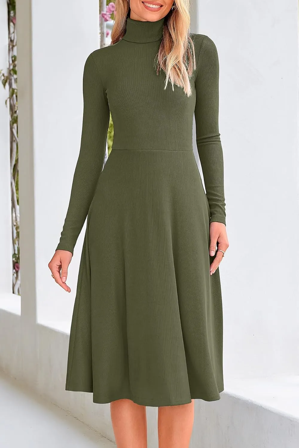 CFLONGE Women's Casual Ribbed Knit High Neck Dress Long Sleeve Fall Dress for Women 2025 Lightweight A Line Flare Dresses