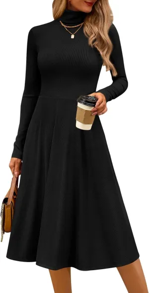 CFLONGE Women's Casual Ribbed Knit High Neck Dress Long Sleeve Fall Dress for Women 2025 Lightweight A Line Flare Dresses