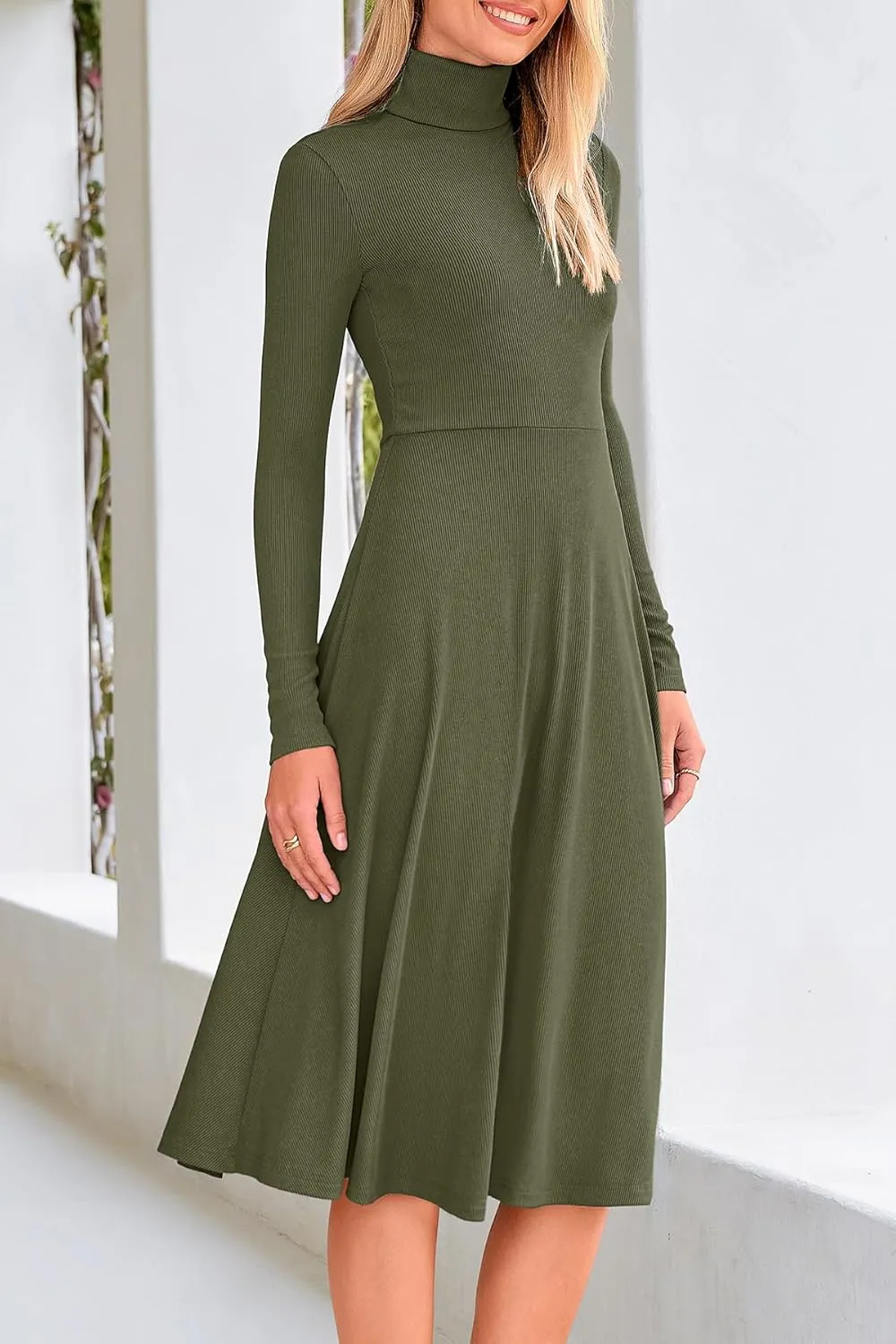 CFLONGE Women's Casual Ribbed Knit High Neck Dress Long Sleeve Fall Dress for Women 2025 Lightweight A Line Flare Dresses