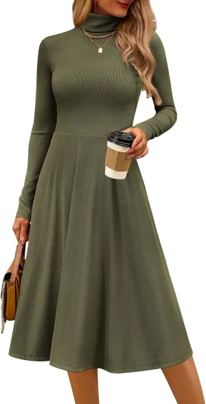 CFLONGE Women's Casual Ribbed Knit High Neck Dress Long Sleeve Fall Dress for Women 2025 Lightweight A Line Flare Dresses