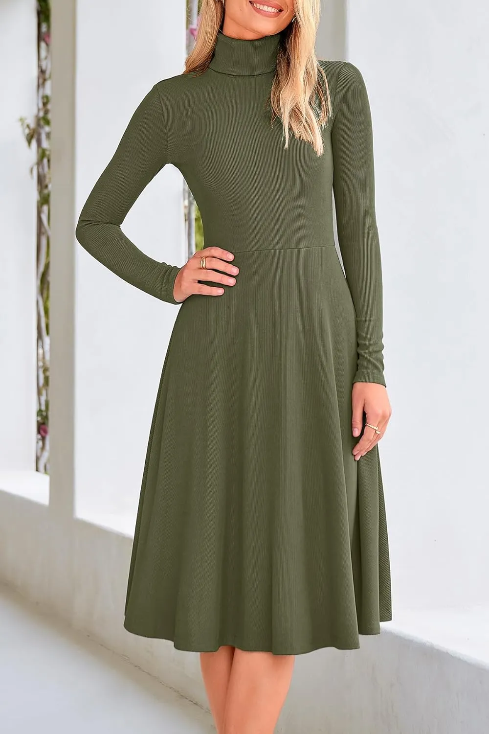 CFLONGE Women's Casual Ribbed Knit High Neck Dress Long Sleeve Fall Dress for Women 2025 Lightweight A Line Flare Dresses