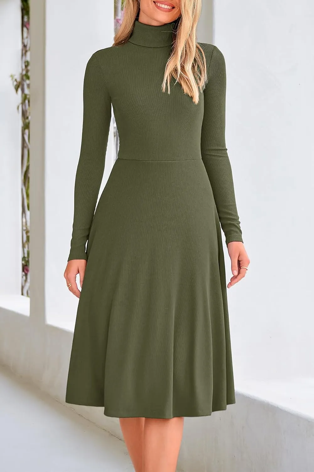 CFLONGE Women's Casual Ribbed Knit High Neck Dress Long Sleeve Fall Dress for Women 2025 Lightweight A Line Flare Dresses