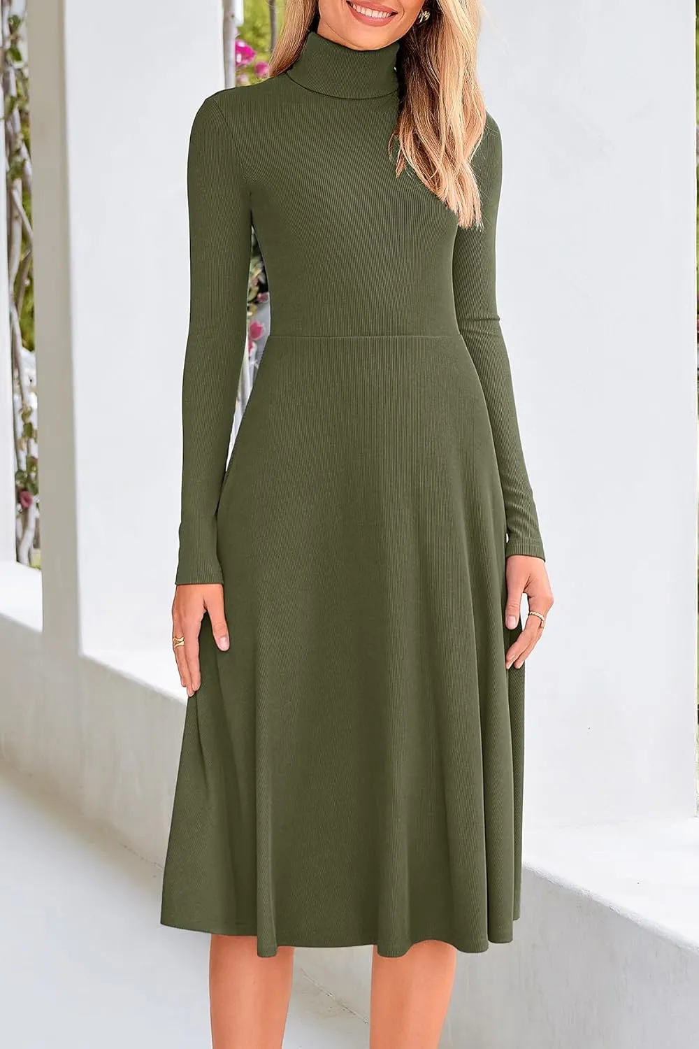 CFLONGE Women's Casual Ribbed Knit High Neck Dress Long Sleeve Fall Dress for Women 2025 Lightweight A Line Flare Dresses
