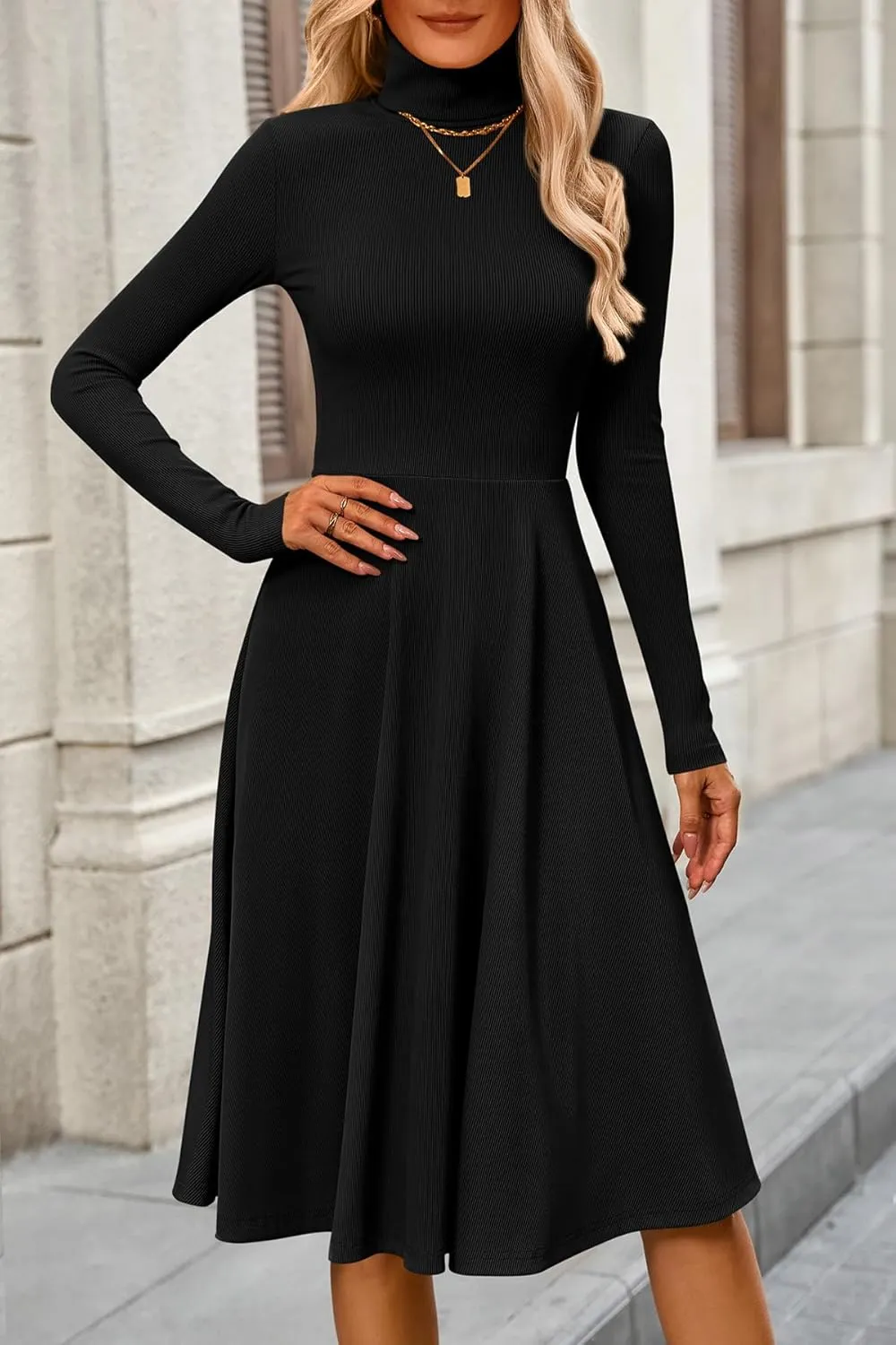 CFLONGE Women's Casual Ribbed Knit High Neck Dress Long Sleeve Fall Dress for Women 2025 Lightweight A Line Flare Dresses