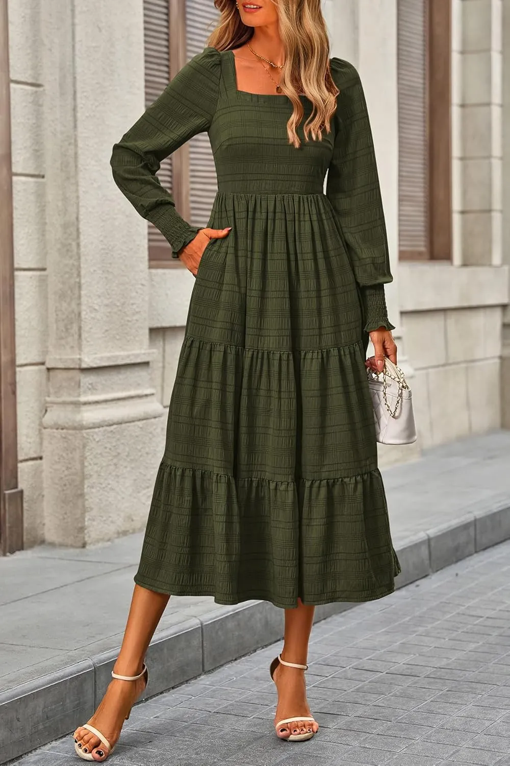 CFLONGE Women's Fall Dresses 2025 Puff Long Sleeve Square Neck Dress High Waist Smocked A-Line Flowy Wedding Party Maxi Dress