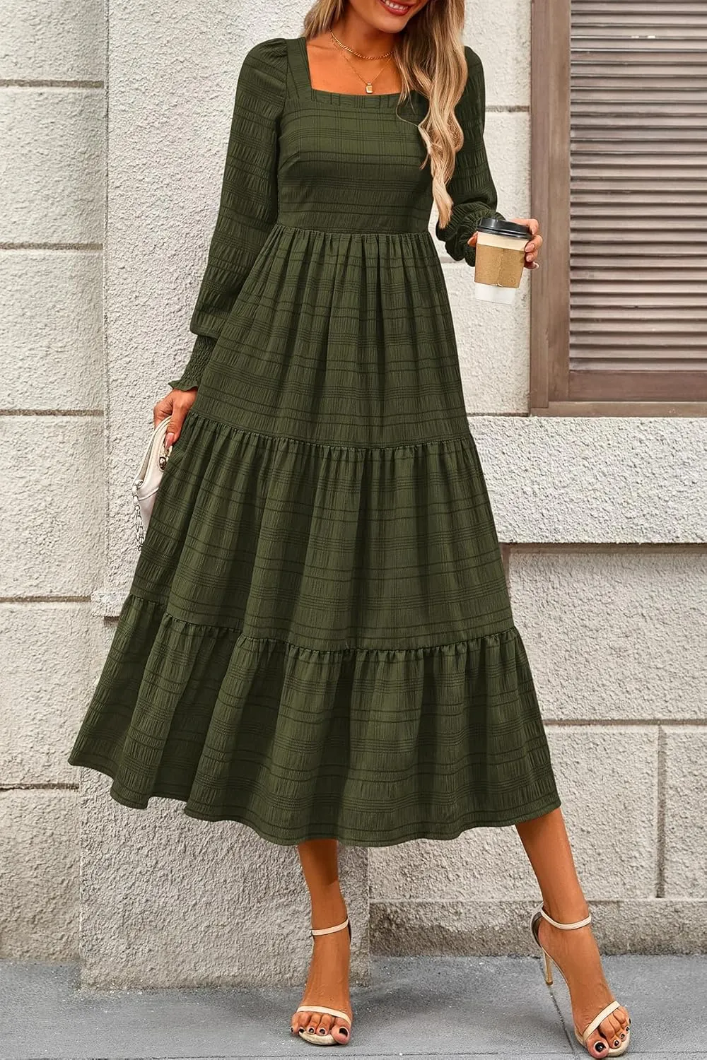 CFLONGE Women's Fall Dresses 2025 Puff Long Sleeve Square Neck Dress High Waist Smocked A-Line Flowy Wedding Party Maxi Dress