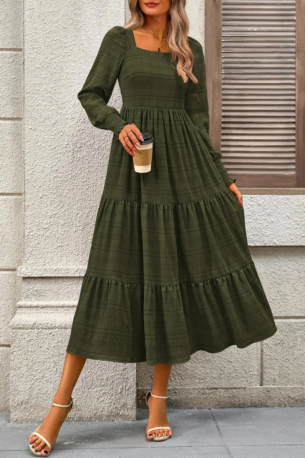CFLONGE Women's Fall Dresses 2025 Puff Long Sleeve Square Neck Dress High Waist Smocked A-Line Flowy Wedding Party Maxi Dress