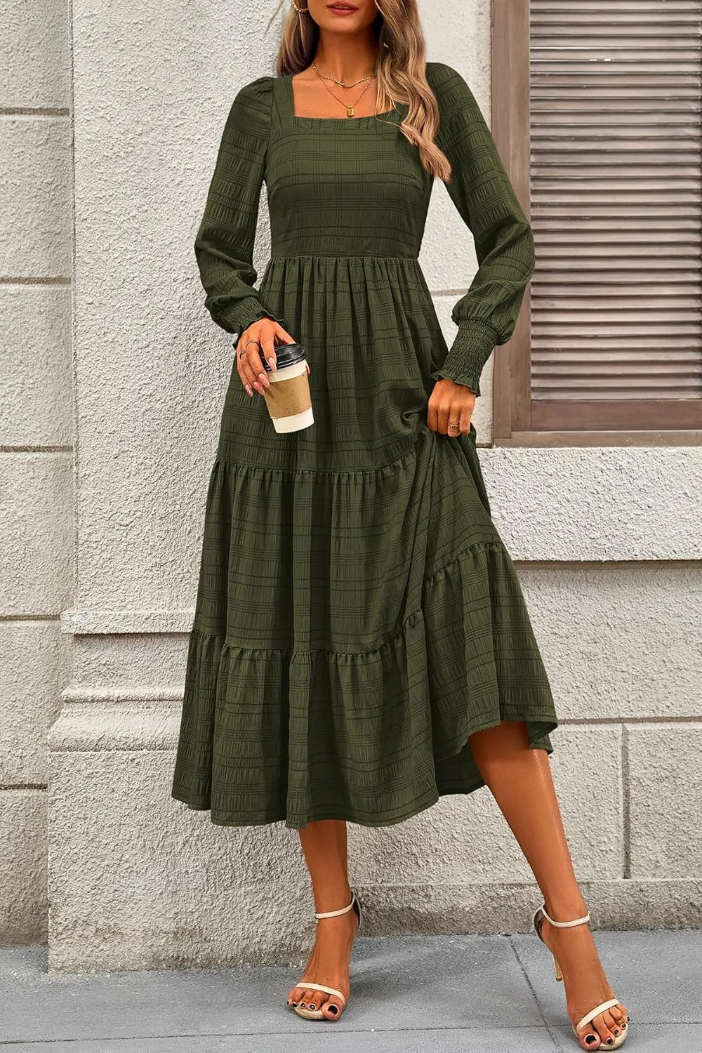 CFLONGE Women's Fall Dresses 2025 Puff Long Sleeve Square Neck Dress High Waist Smocked A-Line Flowy Wedding Party Maxi Dress