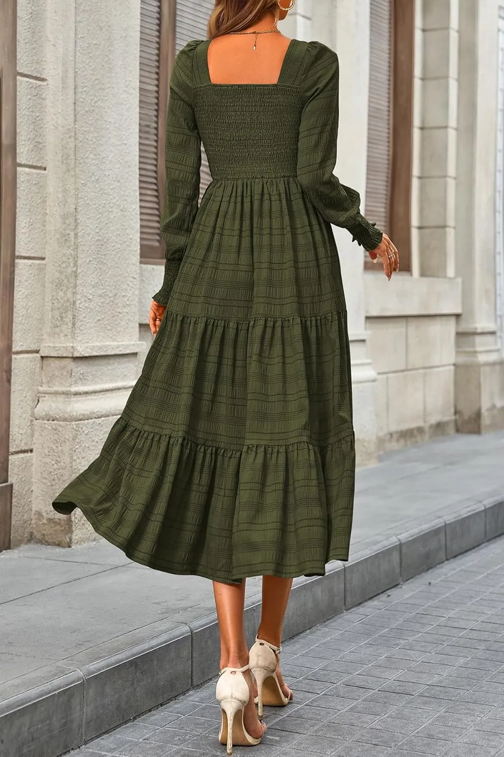 CFLONGE Women's Fall Dresses 2025 Puff Long Sleeve Square Neck Dress High Waist Smocked A-Line Flowy Wedding Party Maxi Dress