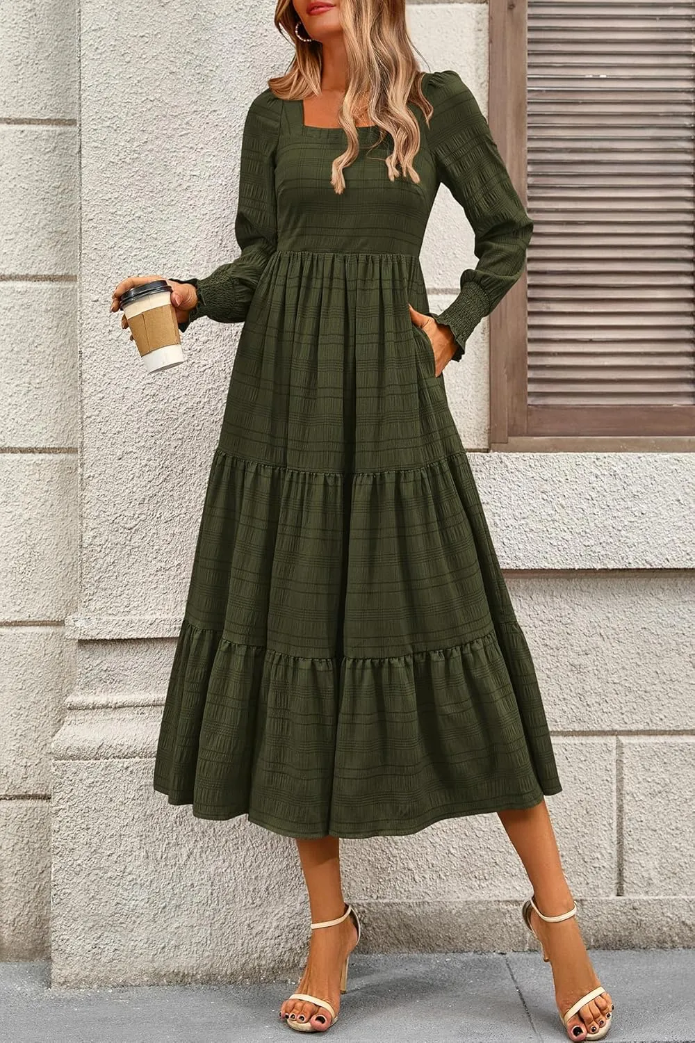 CFLONGE Women's Fall Dresses 2025 Puff Long Sleeve Square Neck Dress High Waist Smocked A-Line Flowy Wedding Party Maxi Dress