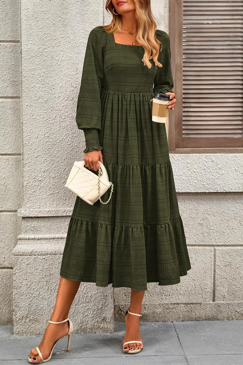 CFLONGE Women's Fall Dresses 2025 Puff Long Sleeve Square Neck Dress High Waist Smocked A-Line Flowy Wedding Party Maxi Dress