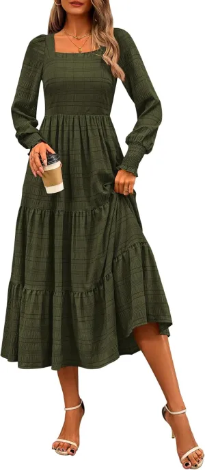 CFLONGE Women's Fall Dresses 2025 Puff Long Sleeve Square Neck Dress High Waist Smocked A-Line Flowy Wedding Party Maxi Dress