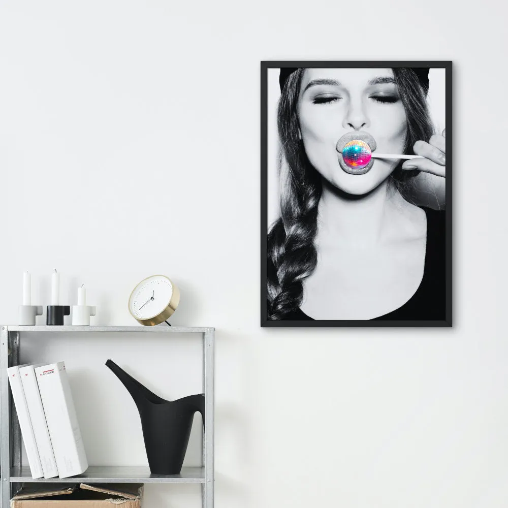 Disco Ball Lollipop Poster INSTANT DOWNLOAD Art Print, Disco Ball Poster, Indie Room Décor, Black And White Neon Wall Decor, Rock’N’Roll Art, Lollipop