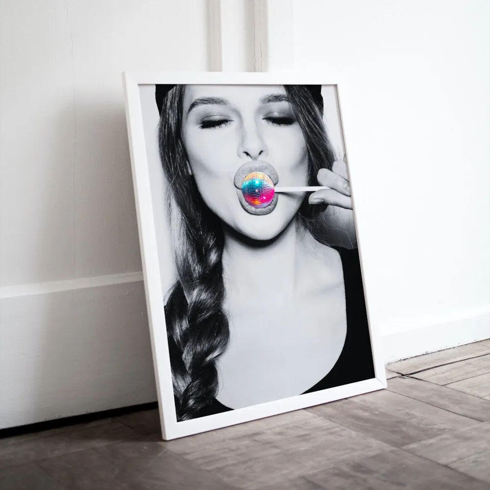 Disco Ball Lollipop Poster INSTANT DOWNLOAD Art Print, Disco Ball Poster, Indie Room Décor, Black And White Neon Wall Decor, Rock’N’Roll Art, Lollipop
