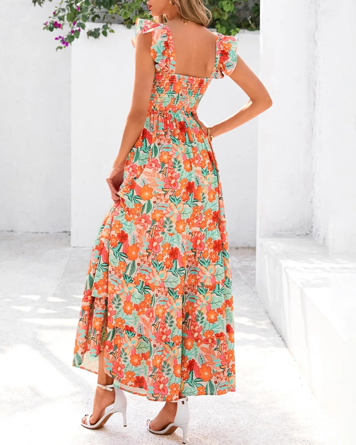 dowerme Summer Dresses for Women 2025 Casual Ruffle Smocked Tiered A-Line Boho Floral Maxi Beach Sun Dress with Pockets