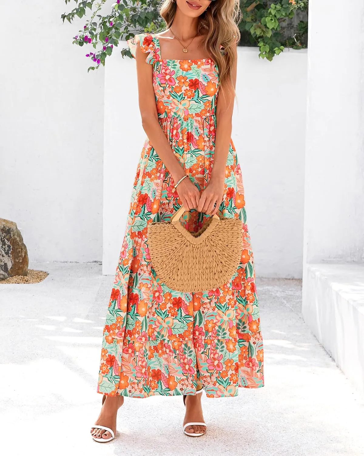 dowerme Summer Dresses for Women 2025 Casual Ruffle Smocked Tiered A-Line Boho Floral Maxi Beach Sun Dress with Pockets