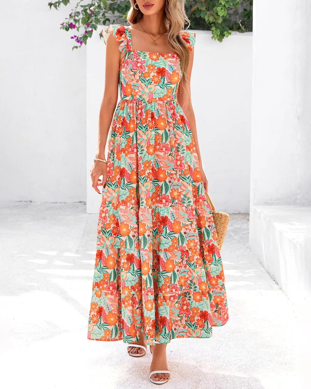 dowerme Summer Dresses for Women 2025 Casual Ruffle Smocked Tiered A-Line Boho Floral Maxi Beach Sun Dress with Pockets