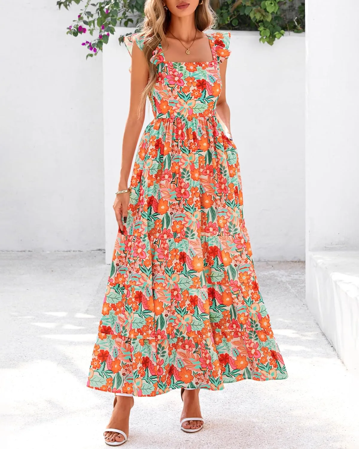 dowerme Summer Dresses for Women 2025 Casual Ruffle Smocked Tiered A-Line Boho Floral Maxi Beach Sun Dress with Pockets