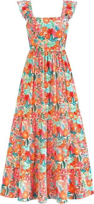 dowerme Summer Dresses for Women 2025 Casual Ruffle Smocked Tiered A-Line Boho Floral Maxi Beach Sun Dress with Pockets