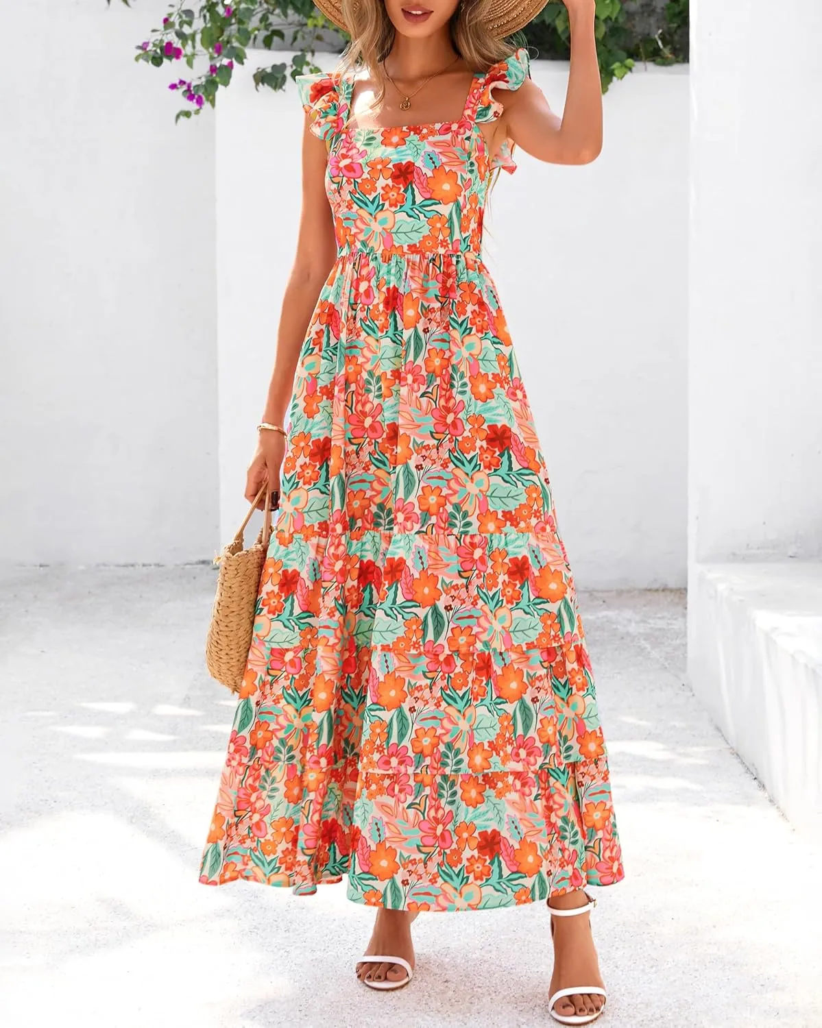 dowerme Summer Dresses for Women 2025 Casual Ruffle Smocked Tiered A-Line Boho Floral Maxi Beach Sun Dress with Pockets