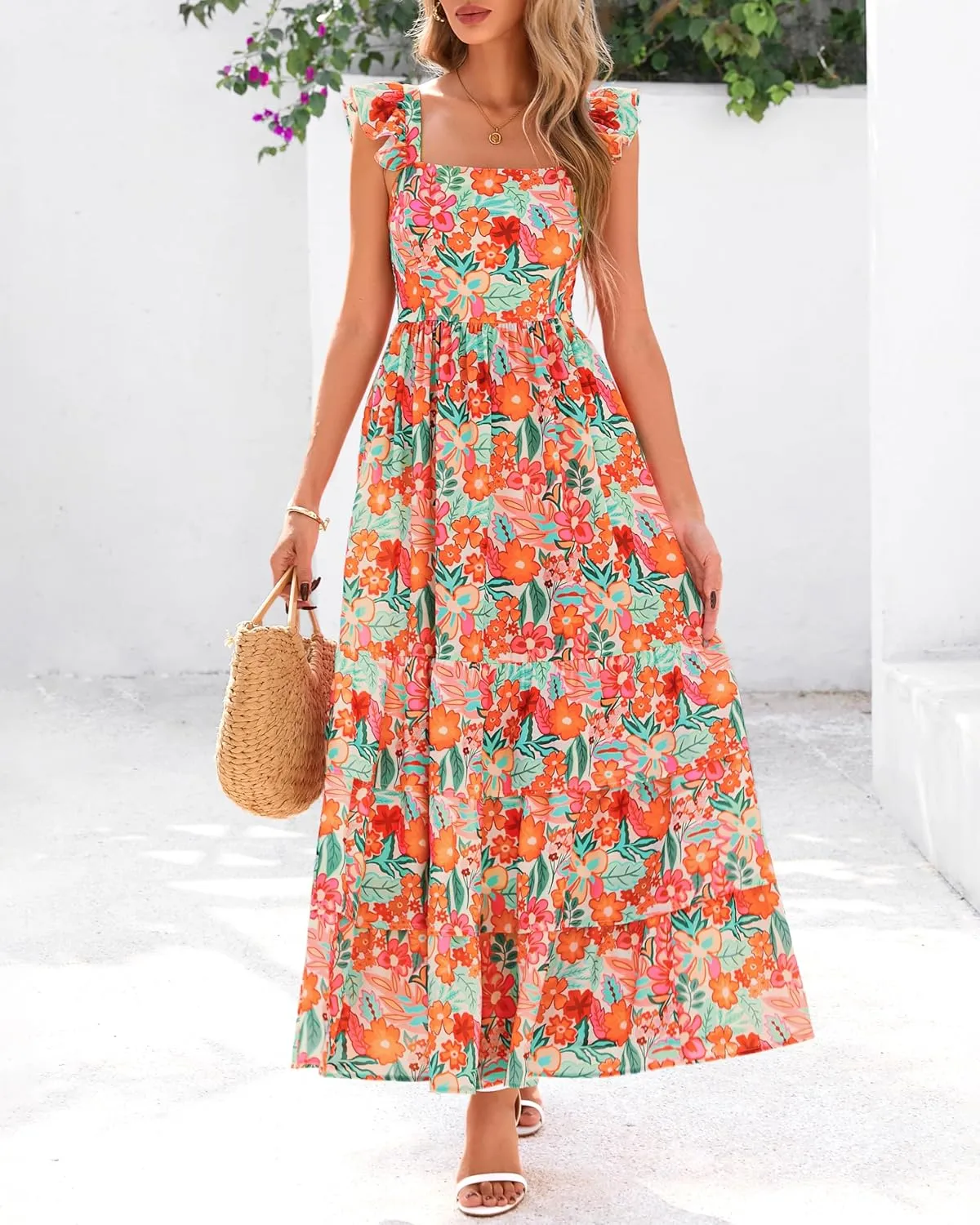 dowerme Summer Dresses for Women 2025 Casual Ruffle Smocked Tiered A-Line Boho Floral Maxi Beach Sun Dress with Pockets
