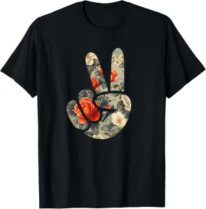 Elegant Silhouette Wildflowers Floral Peace Sign Hand T-Shirt
