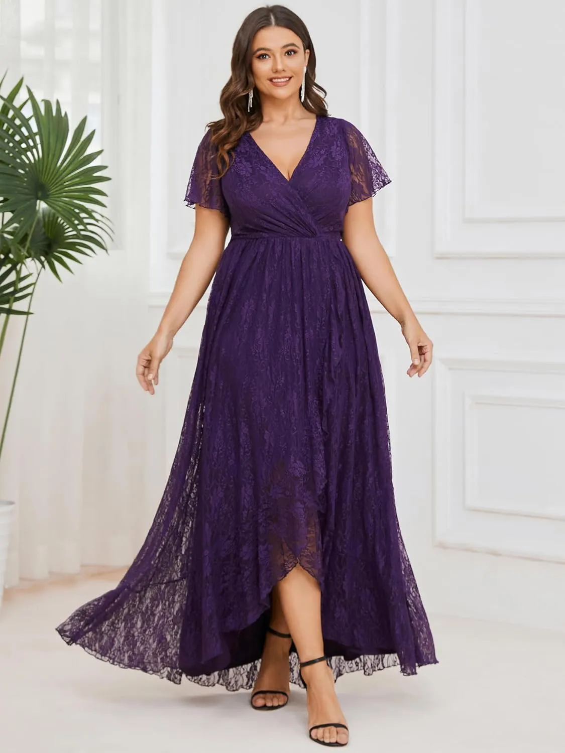 Ever-Pretty Women's V Neck Ruffles Sleeves High Low Lace Plus Size Summer Cocktail Party Wedding Guest Dresses 01489-DAPH