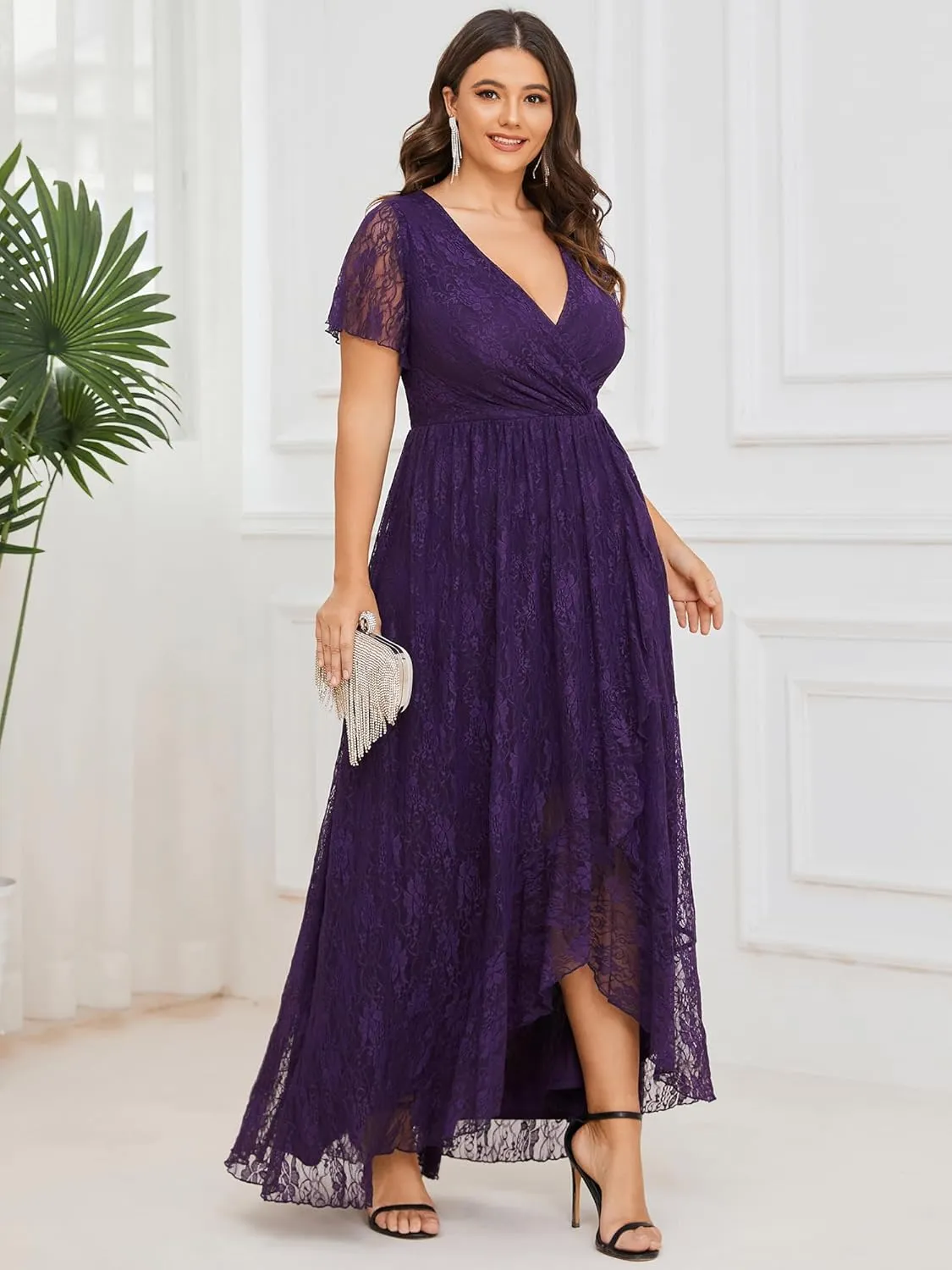 Ever-Pretty Women's V Neck Ruffles Sleeves High Low Lace Plus Size Summer Cocktail Party Wedding Guest Dresses 01489-DAPH