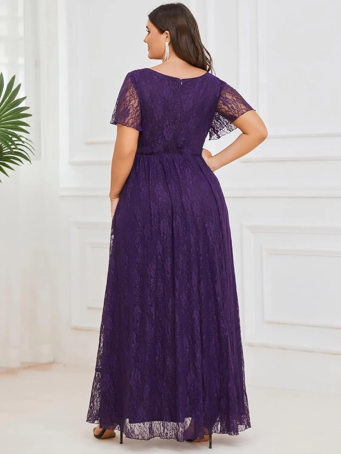 Ever-Pretty Women's V Neck Ruffles Sleeves High Low Lace Plus Size Summer Cocktail Party Wedding Guest Dresses 01489-DAPH