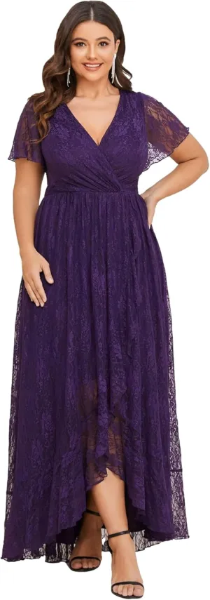 Ever-Pretty Women's V Neck Ruffles Sleeves High Low Lace Plus Size Summer Cocktail Party Wedding Guest Dresses 01489-DAPH