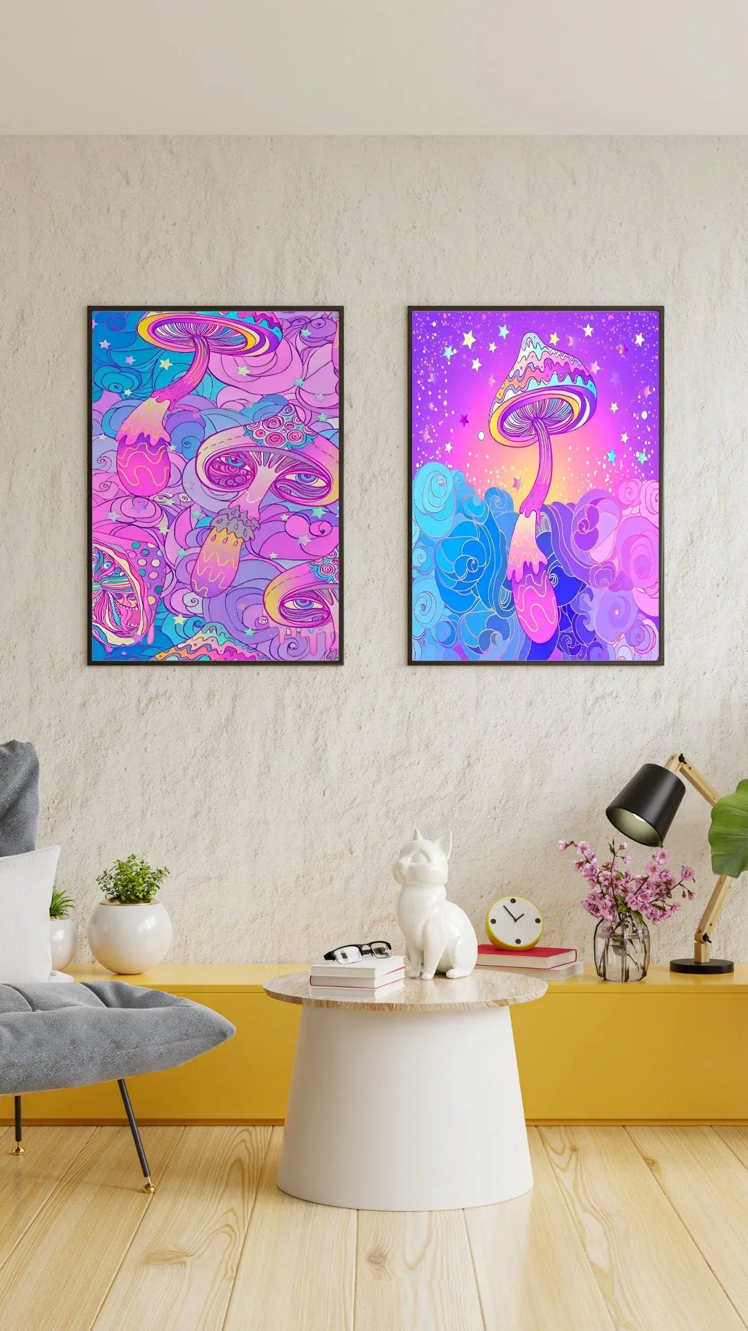Fantasy Mushroom Art Set Of Two PRINTABLE ART, Funky Urban Decor, Abstract Neon Artwork, Mushroom Decor, Trippy Art, Purple Street Art
